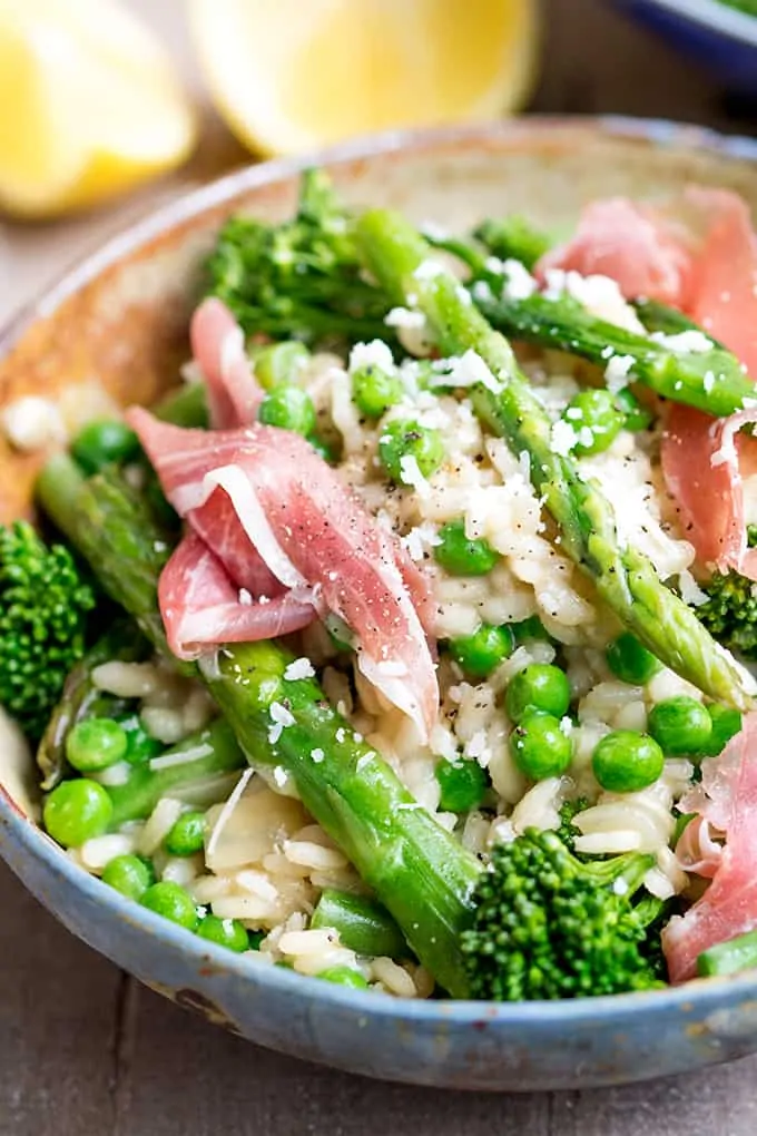 Spring Vegetable Risotto with Proscuitto - light and full of flavour!