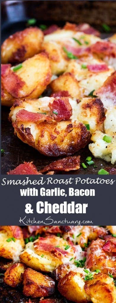 Smashed Roast Potatoes with Garlic, Bacon and Cheddar - Nicky's Kitchen ...