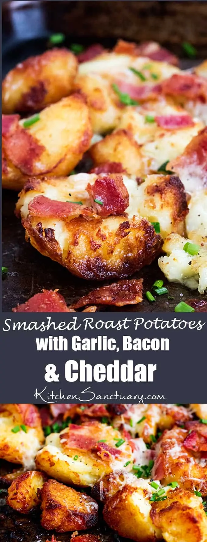 Perfectly Crunchy Roast Potatoes with Garlic, Bacon and Cheddar!