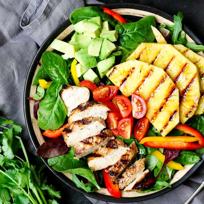 Hawaiian Chicken Salad - piles of fresh veg, grilled pineapple and a deliciously zingy vinaigrette!