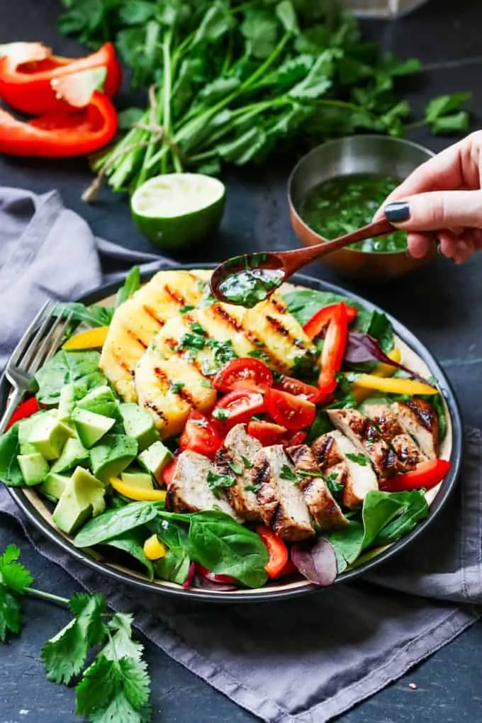 Hawaiian Chicken Salad - piles of fresh veg, grilled pineapple and a deliciously zingy vinaigrette!