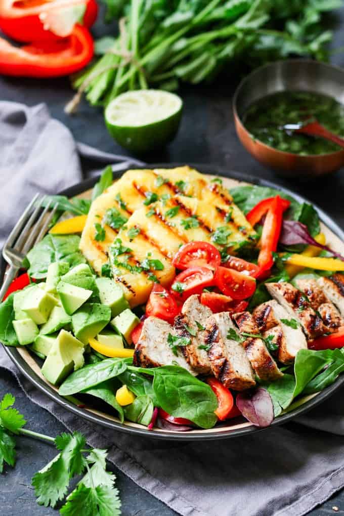 Hawaiian Chicken Salad - piles of fresh veg, grilled pineapple and a deliciously zingy vinaigrette!