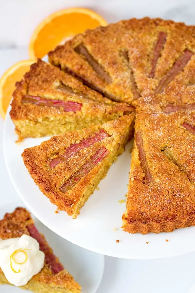 Rhubarb and Amaretti Cake A moist, orange-infused almond cake with juicy rhubarb and amaretto cream.