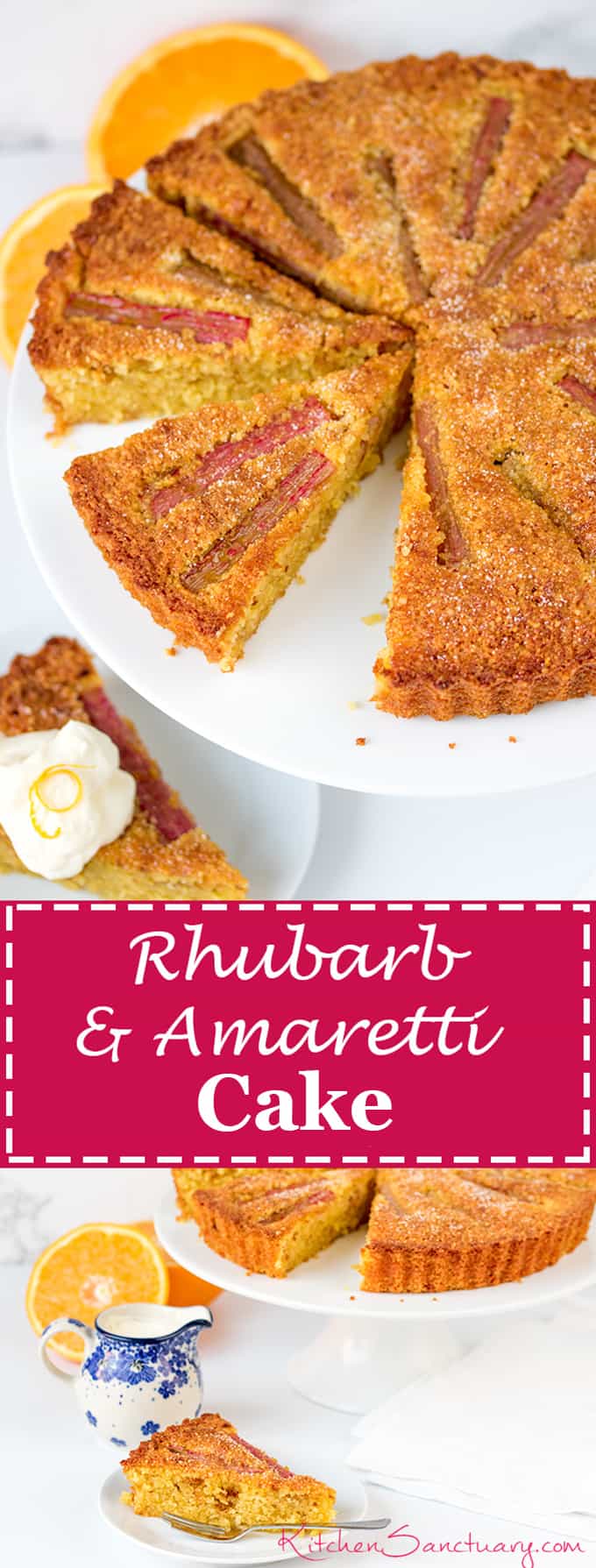 A moist, orange-infused almond cake with juicy rhubarb and amaretto cream.