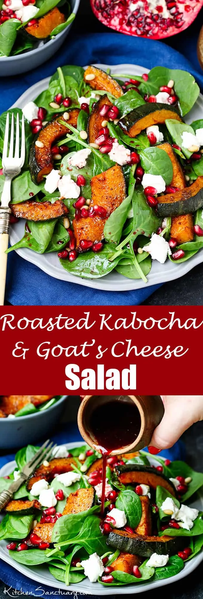 Sweet Roasted Kabocha Squash Salad - with creamy goat's cheese and a tangy pomegranate dressing. A deliciously filling dinner - perfect for Meatless Monday!