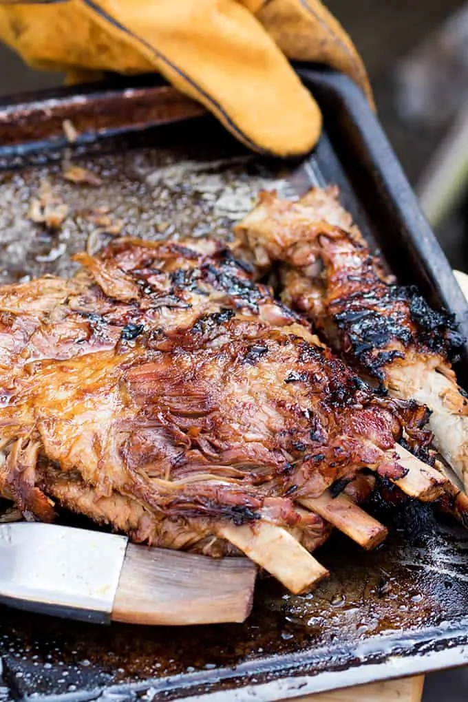 Tray with rack of bbq cooked ribs. Basting brush in foreground,