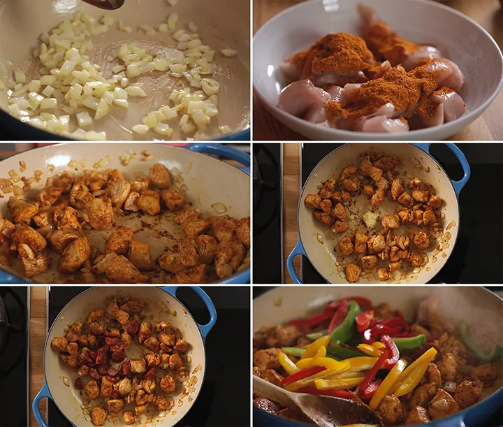 6 image collage of initial preparation steps for one pot Cajun chicken pasta