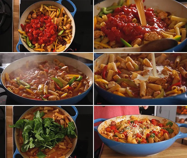 6 image collage of final preparation steps for one pot Cajun chicken pasta