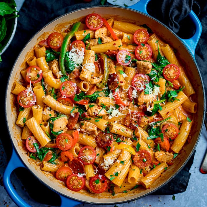 This quick Cajun chicken one-pot is a winner for the family dinner table. Cajun spiced chicken in a creamy tomato sauce – with pasta and extra veg.