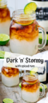 Two image collage of dark and stormy cocktail in a mason jar glass