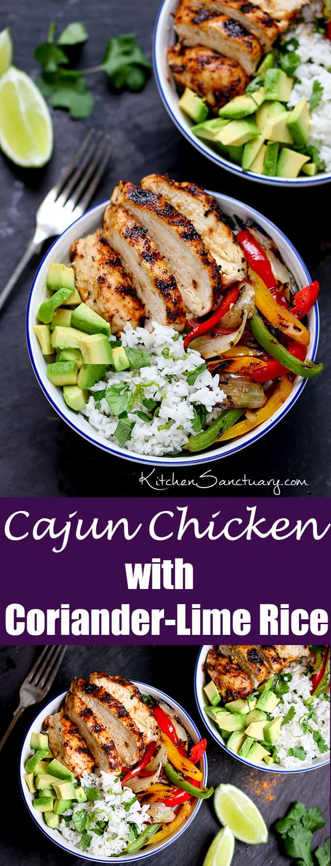 Juicy griddled Cajun chicken with charred veggies and coriander-lime rice – ready in 30 minutes. A great weeknight dinner!