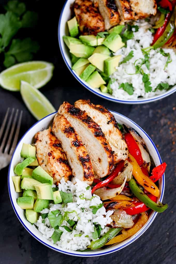 overhead photo of Cajun chicken with charred veggies and coriander-lime rice