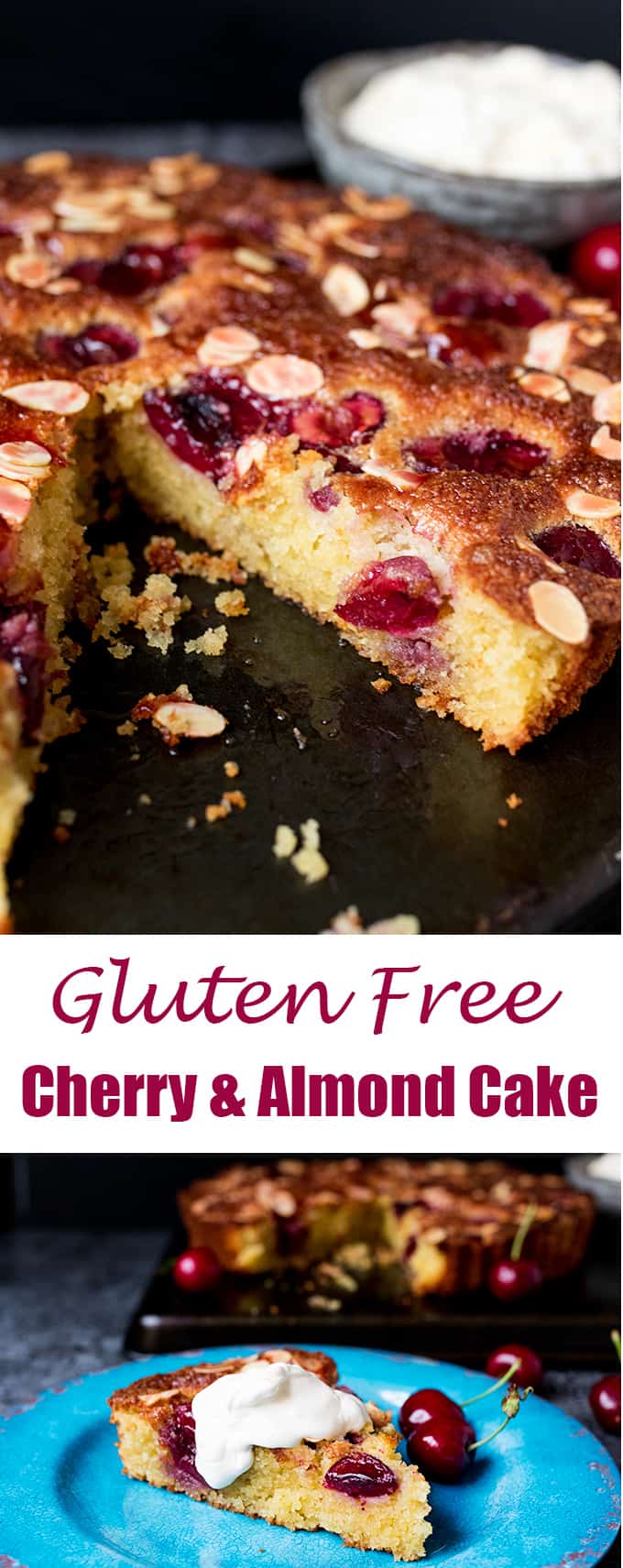 A fluffy Gluten Free Cherry and Almond Cake with fresh cherries and dollops of jam. So tasty!