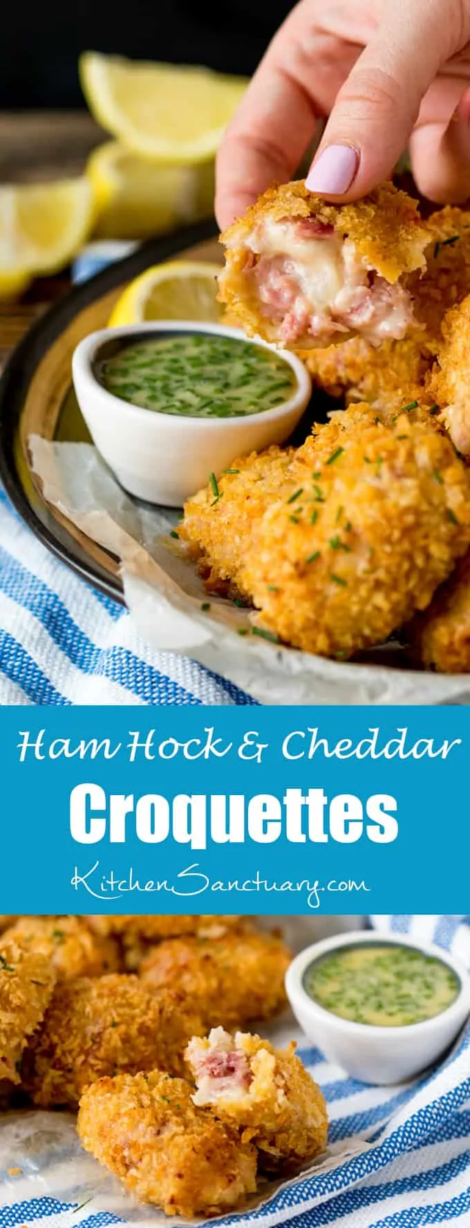 Ham Hock and Cheddar Croquettes with honey mustard dip. A delicious make ahead party food or snack that's baked not fried!
