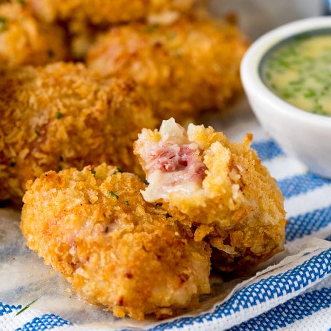 Ham Hock and Cheddar Croquettes with honey mustard dip. A delicious make ahead party food or snack that's baked not fried!