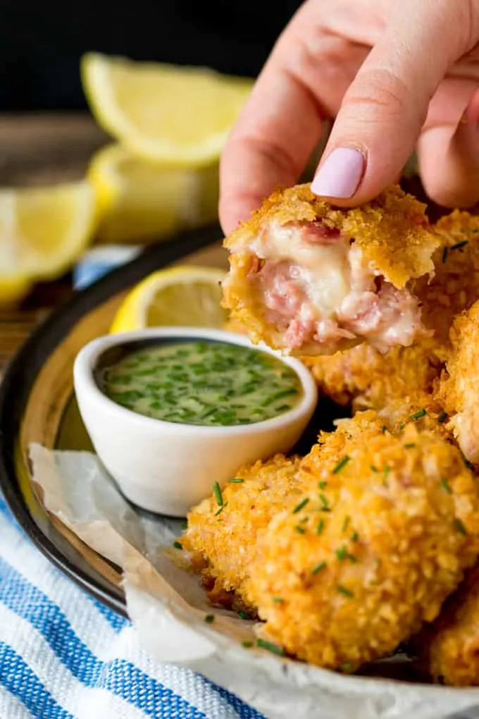 Baked Ham Hock and Cheddar Croquettes with honey mustard dip. A delicious make ahead party food or snack that's baked not fried!
