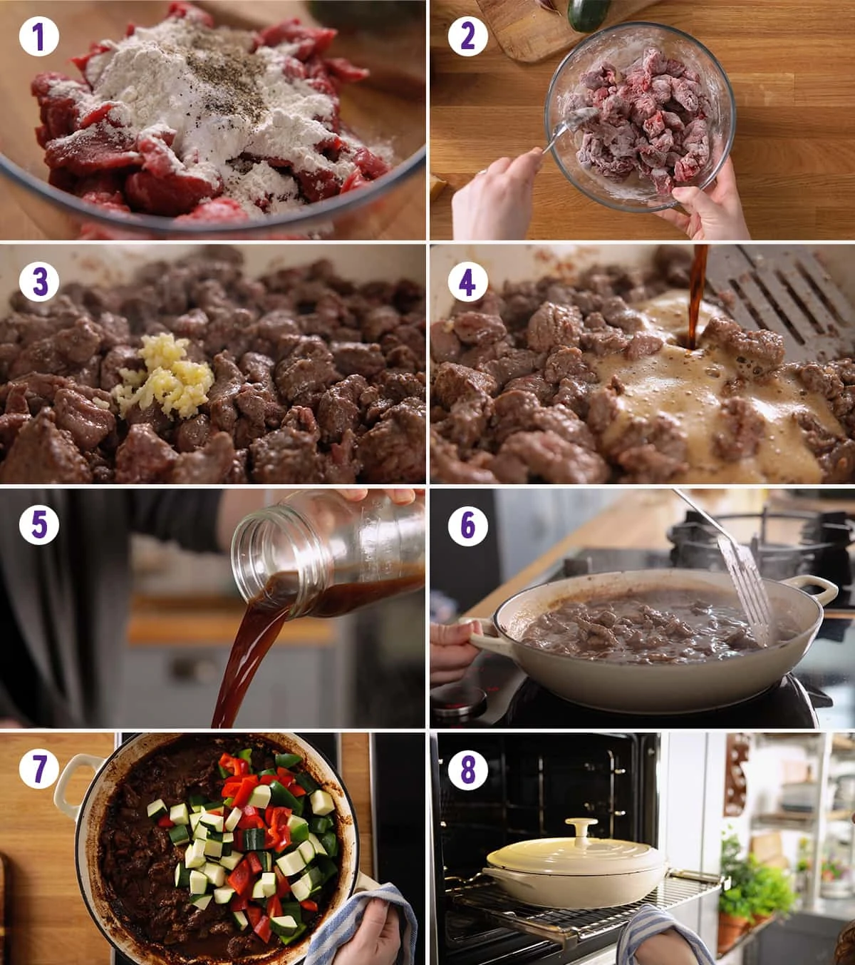 8 image collage showing how to make summer beef casserole