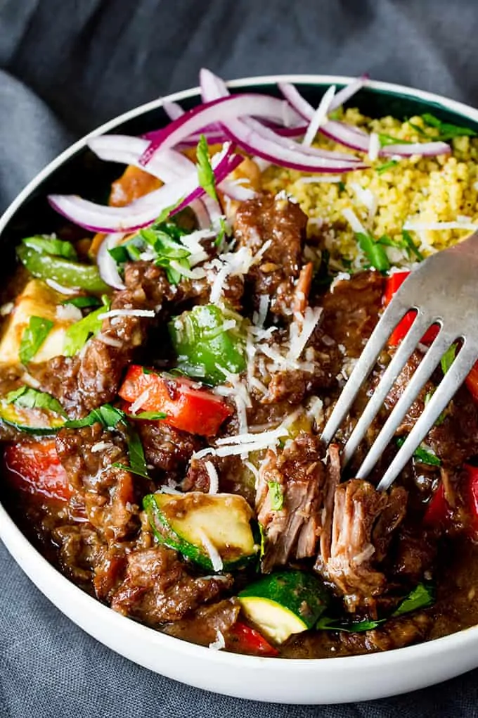 Slow Cooked Summer Beef Casserole. Fall-apart meat with crunchy veg and parmesan. Serve it with couscous for an even lighter feel.