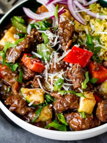 Slow Cooked Summer Beef Casserole. Fall-apart meat with crunchy veg and parmesan. Serve it with couscous for an even lighter feel.
