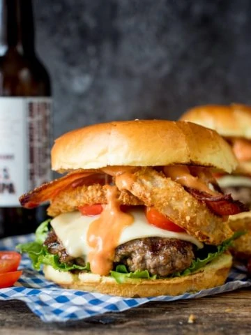 The Ultimate Bacon Cheeseburger with Baked Parmesan Onions Rings - this is what I call a proper burger!