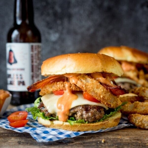 The Ultimate Bacon Cheeseburger with Baked Parmesan Onions Rings - this is what I call a proper burger!