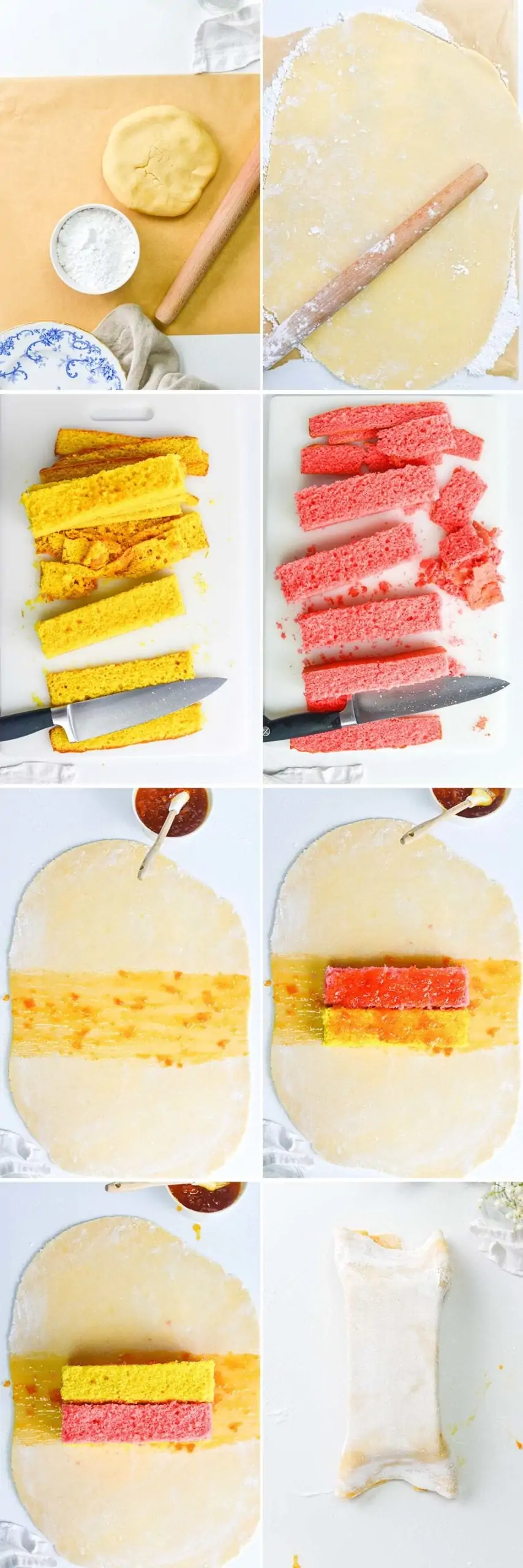 8 image collage showing how to assemble battenberg cake