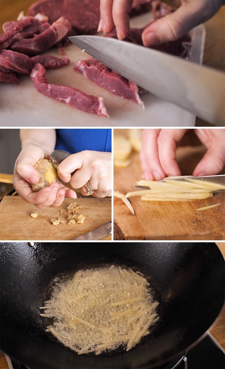 Collage photos of thinly slicing beef, peeling and slicing ginger and frying ginger strips