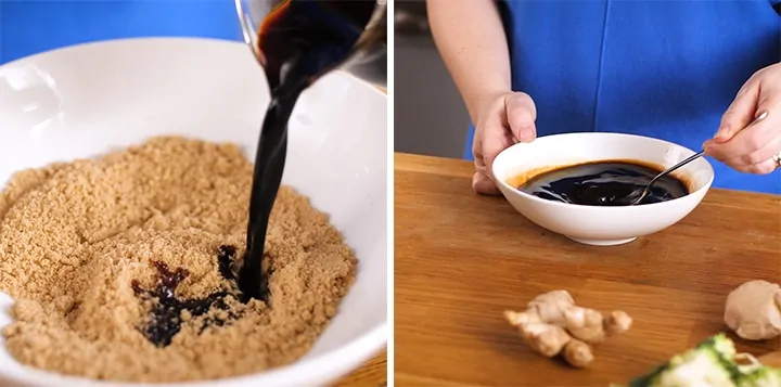 Soy sauce being poured into a white bowl with brown sugar and stirred together