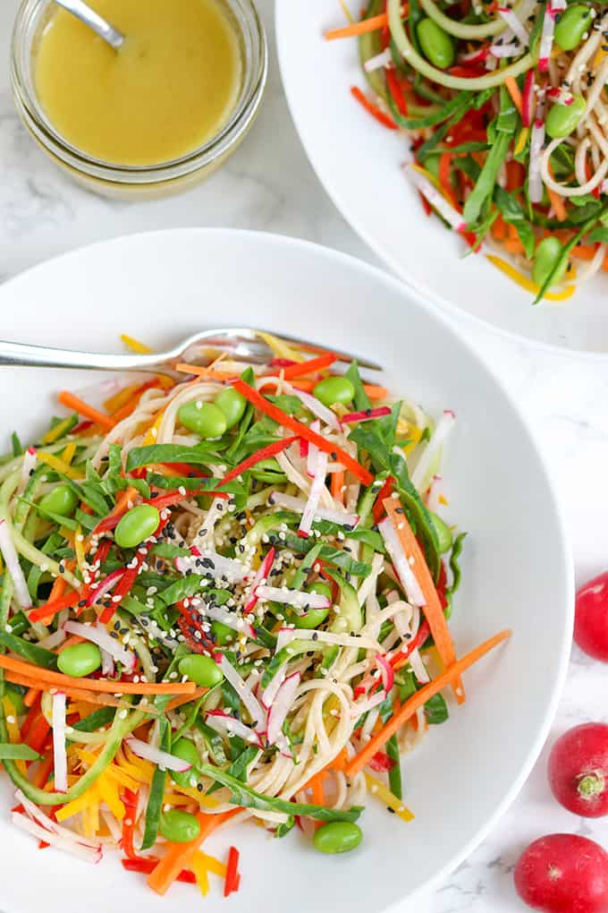 Rainbow noodle salad with Dijon mustard dressing - A crisp, light summer salad with a delicious zingy dressing!
