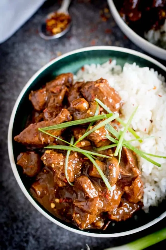 Overhead photo of Big Batch Chinese Beef in a bowl with rice