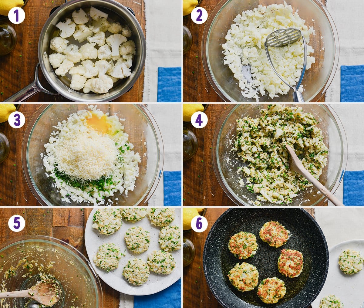 6 image collage showing how to make cauliflower fritters