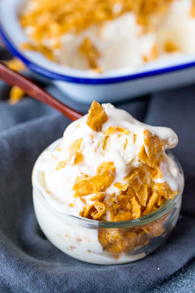 An easy make-at-home ice cream with all the flavour of cereal milk! (Crunchy Nut Cornflake flavour) No ice-cream maker required!