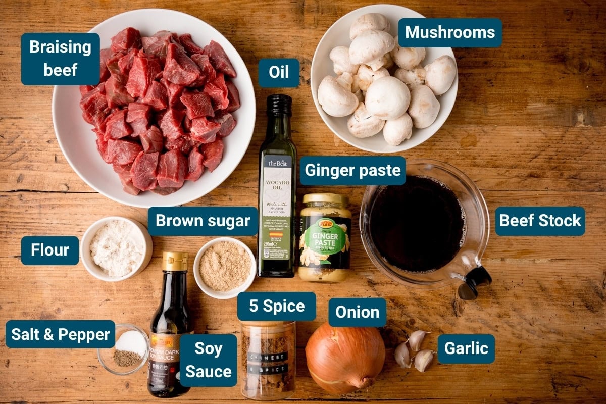 Vista de arriba hacia abajo de los ingredientes para el curry de carne de res china en una tabla de madera, que incluye carne picada, champiñones, cebolla, ajo, pasta de jengibre, aceite, salsa de soja, harina, azúcar morena, cinco especias, sal y pimienta. Cada ingrediente está etiquetado.