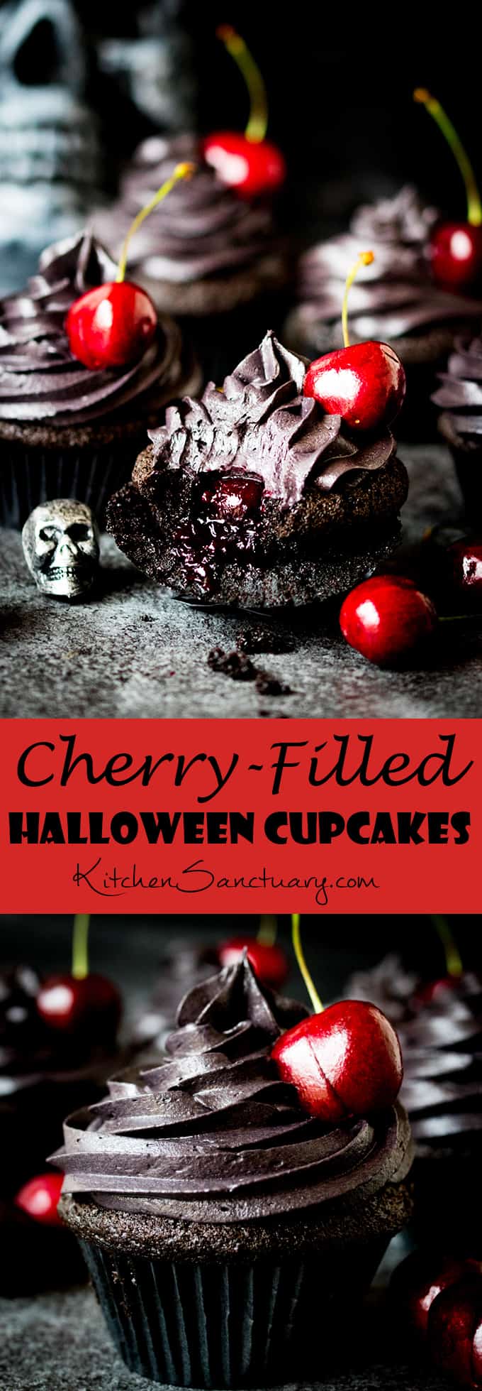 These halloween black cupcakes with cherry filling make a scrumptiously spooktacular dessert!