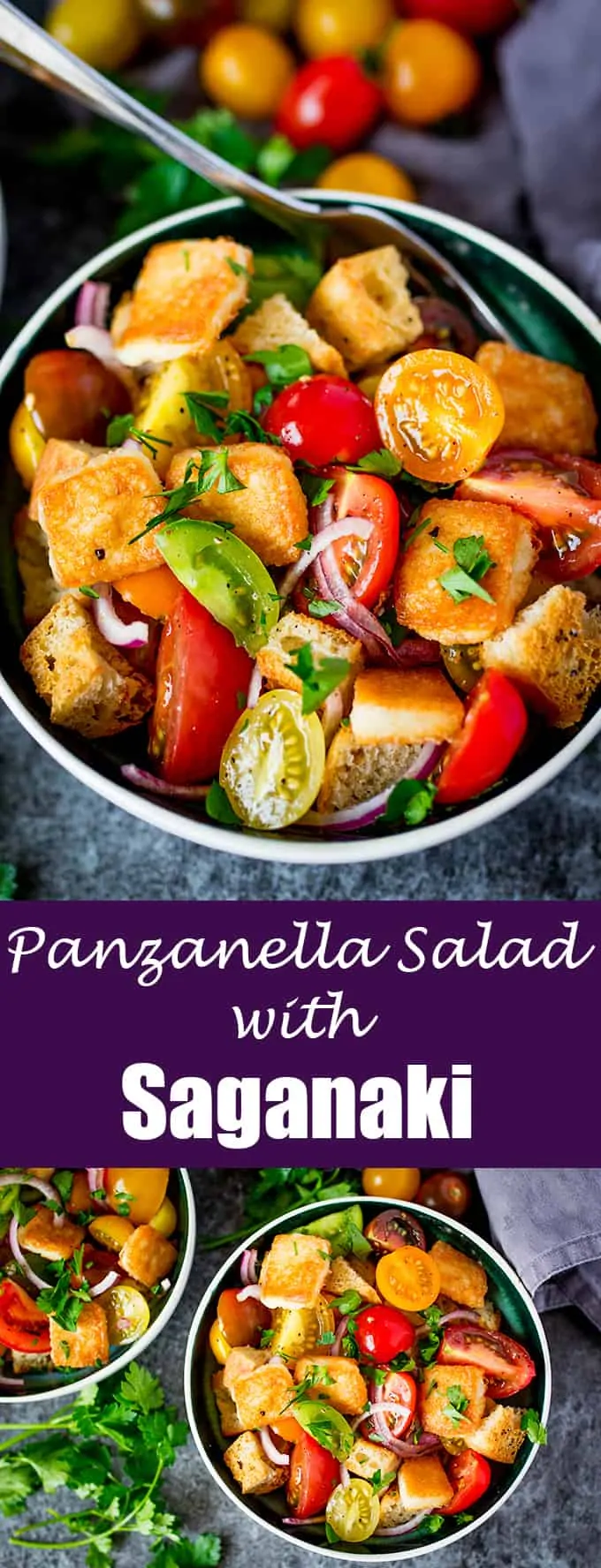 Panzanella Salad with Saganaki - Italy meets Greece in this juicy Tuscan tomato salad with crispy fried Greek cheese.