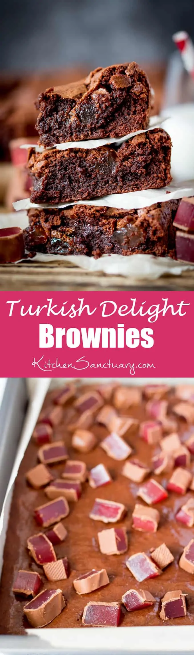 Turkish Delight Brownies - squidgy chocolate brownies with a crisp, meringue-like top, stuffed with chunks of chocolate-covered Turkish delight.