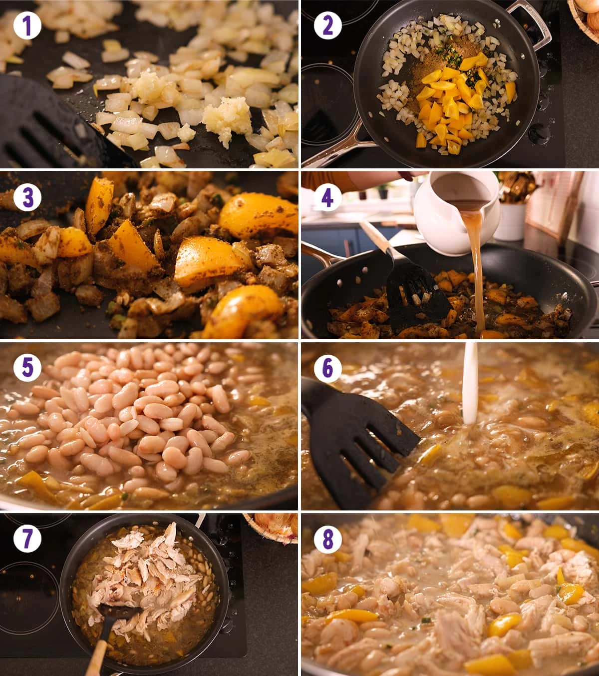 8 image collage showing how to make white chilli chicken con carne