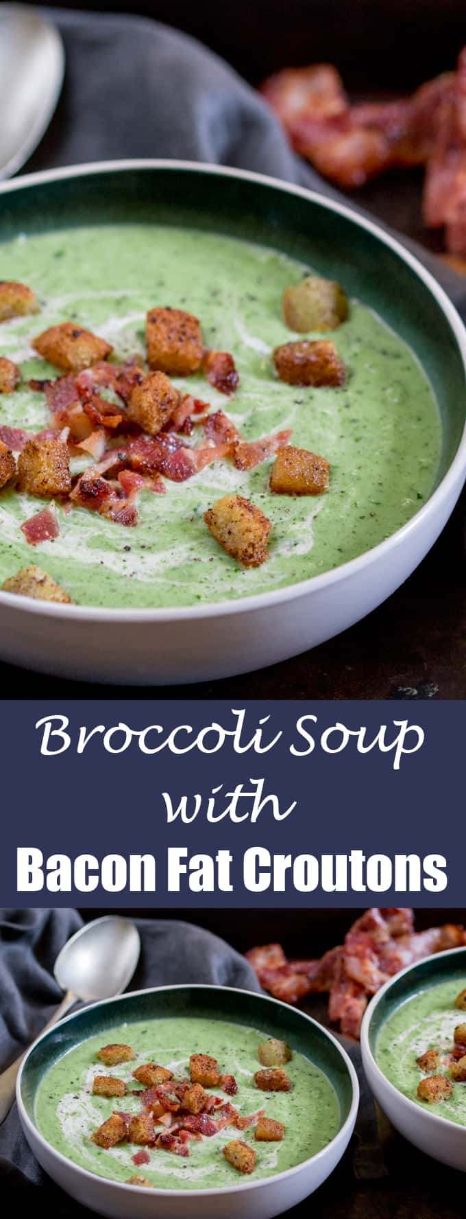 Broccoli Cheese Soup with Bacon Fried Bread Croutons - Speedy comfort food in a bowl!