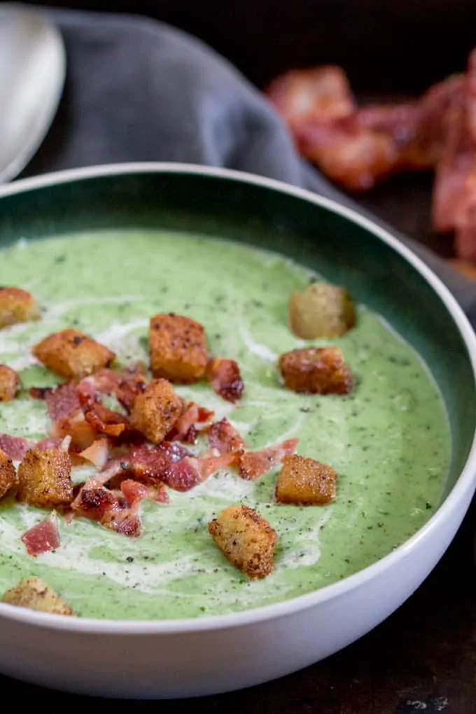 Broccoli Cheese Soup with Bacon Fried Bread Croutons - Speedy comfort food in a bowl!
