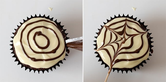 2 images showing the spiderweb topping being piped onto chocolate cupcakes.