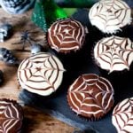 Easy to make and so striking - the kids will love helping to make these Halloween Spider Web Chocolate Cupcakes.