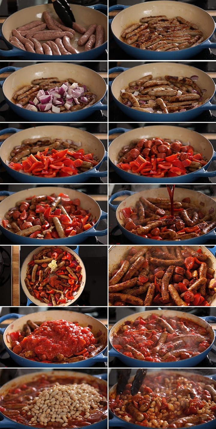 14 photo collage of preparation steps for Sausage and bean casserole