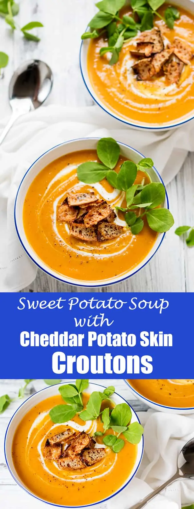 Baked sweet potato and carrot soup with cheddar potato skin croutons – A warming healthier soup. Gluten free & vegetarian.