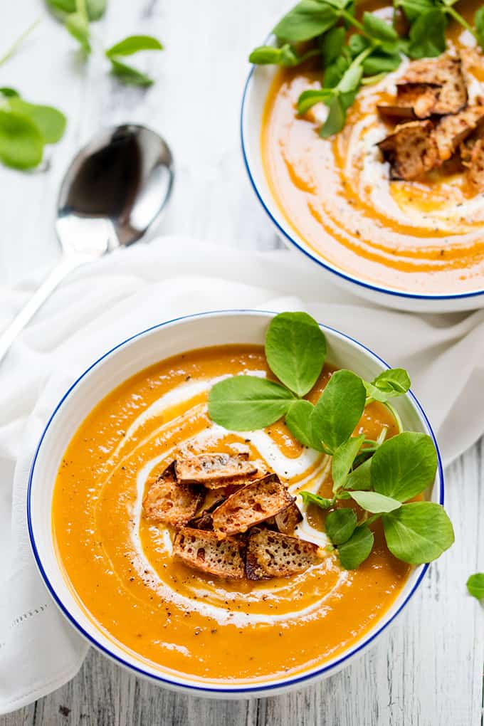 Baked sweet potato and carrot soup with cheddar potato skin croutons - 87