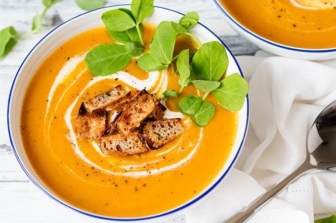 Baked sweet potato and carrot soup with cheddar potato skin croutons - 45