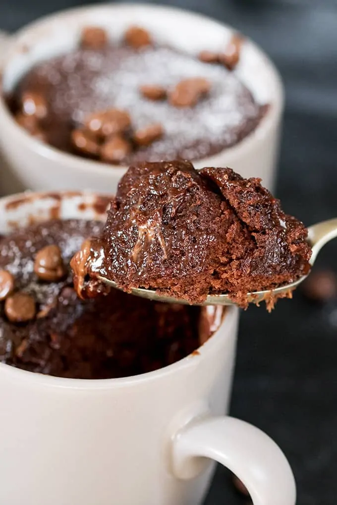 Caramel chocolate mug cake – filled with Rolos – when you need dessert NOW! The perfect quick dessert for one.