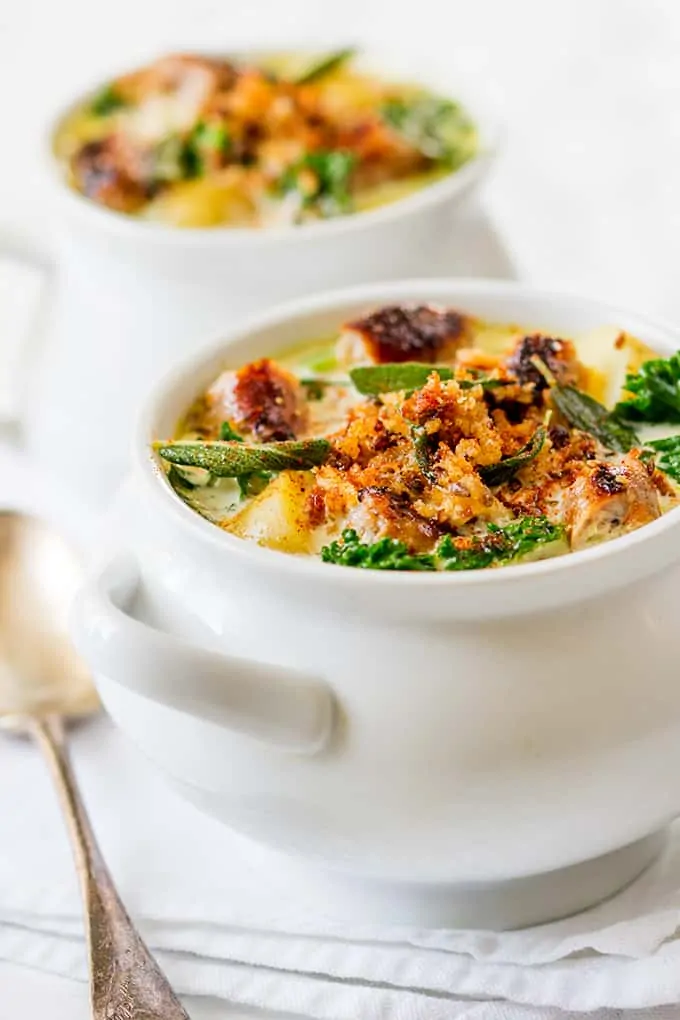 Creamy Sausage Soup with Buttered Breadcrumbs and Sage - a proper posh soup!