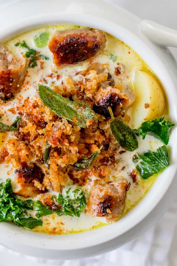 Creamy Sausage Soup with Buttered Breadcrumbs and Sage - a proper posh soup!