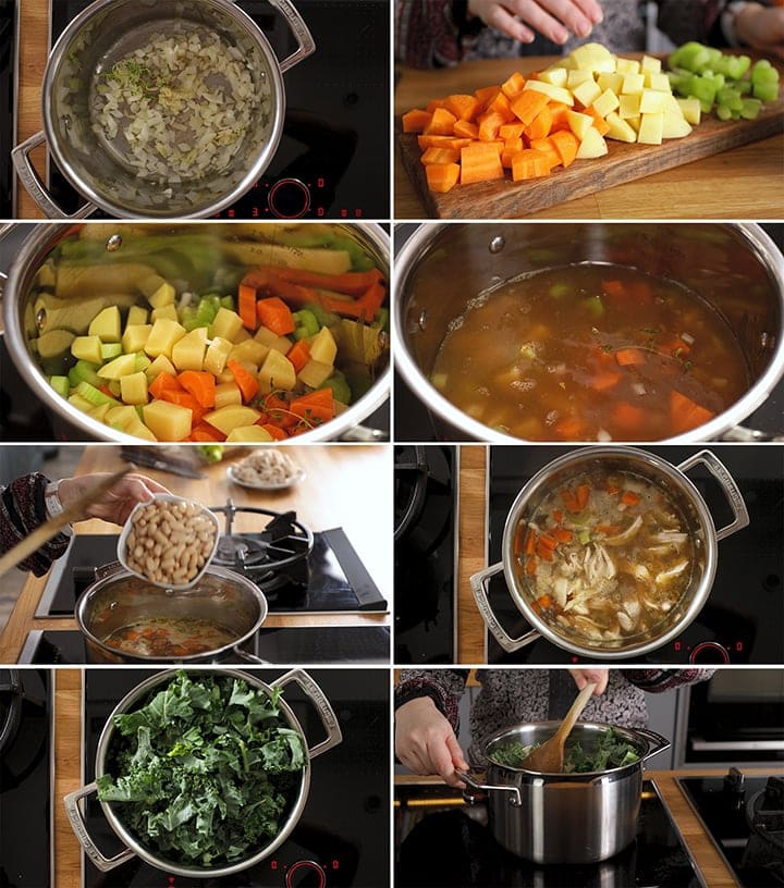8 image collage showing how to make Tuscan Chicken Soup