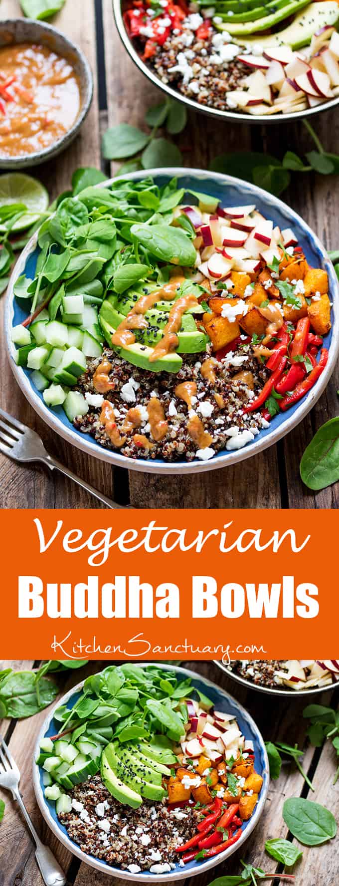 These Vegetarian Buddha Bowls with Spicy Peanut sauce make a great Winter salad – for those days when you fancy something a bit lighter for dinner.
